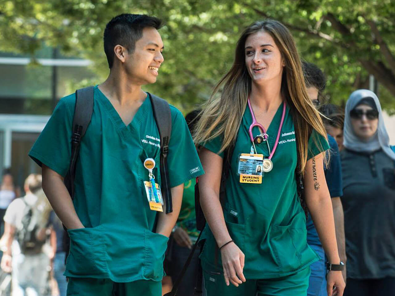 Two nursing students walking together