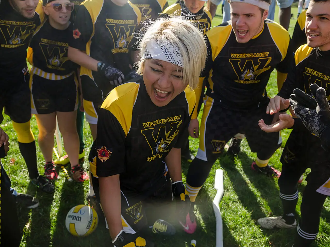 Students celebrate during a rec sports game.