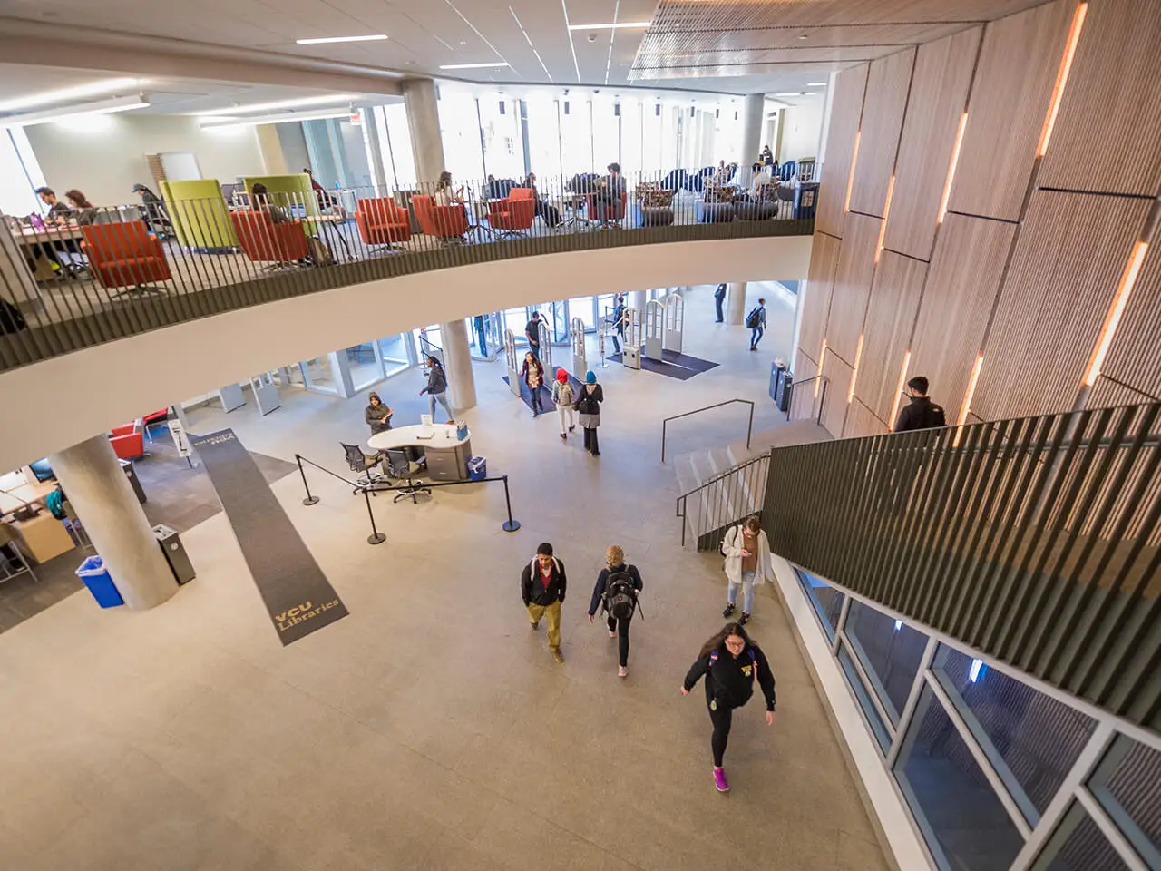 View from the second floor down to the first floor of the library.