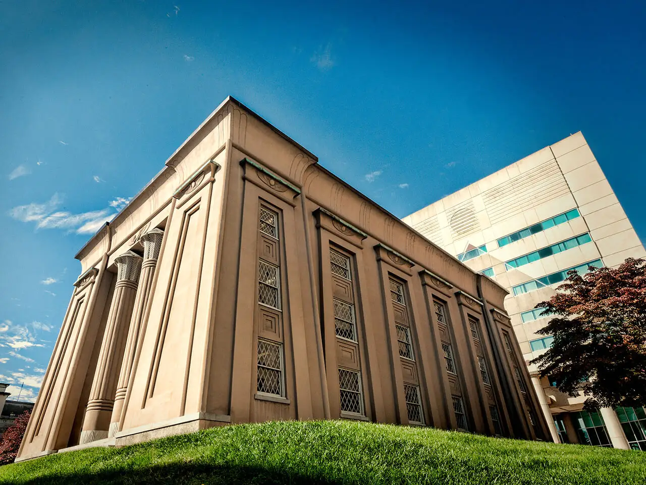 An exterior view of the Egyptian building.