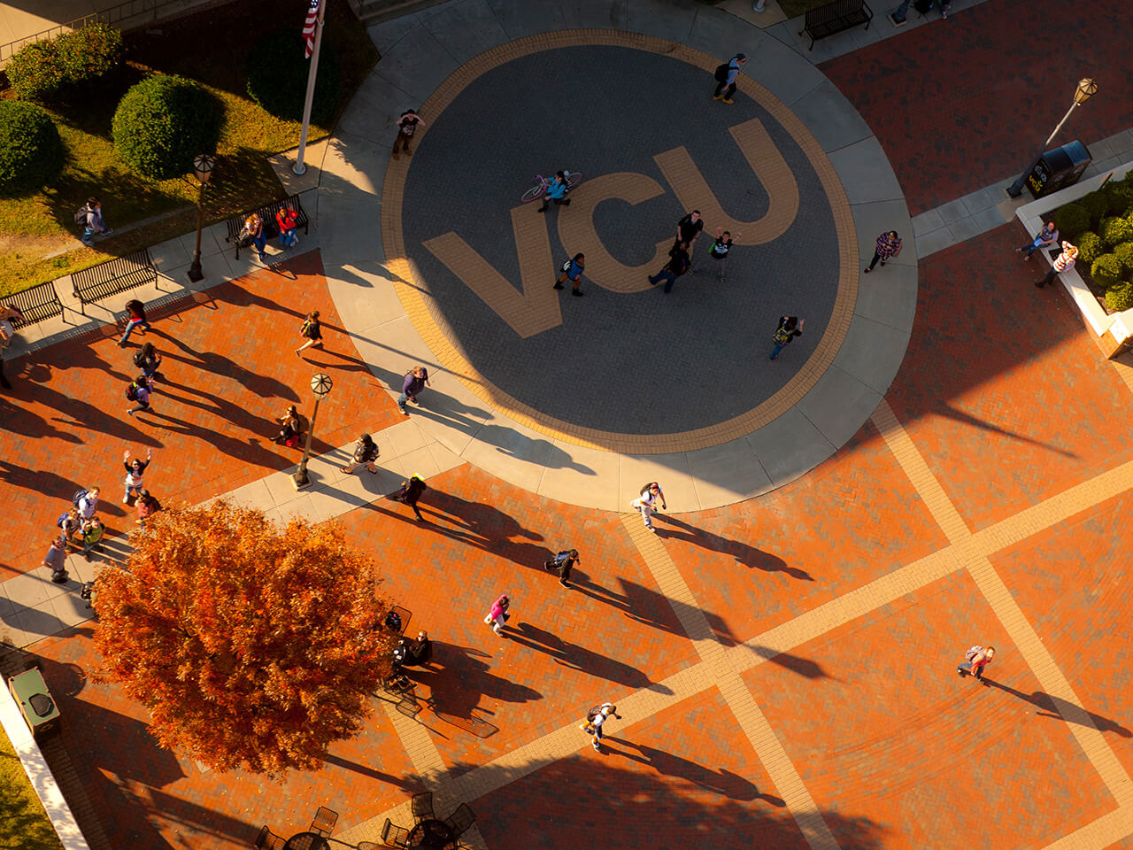 Aerial view of campus with VCU spelled in brick