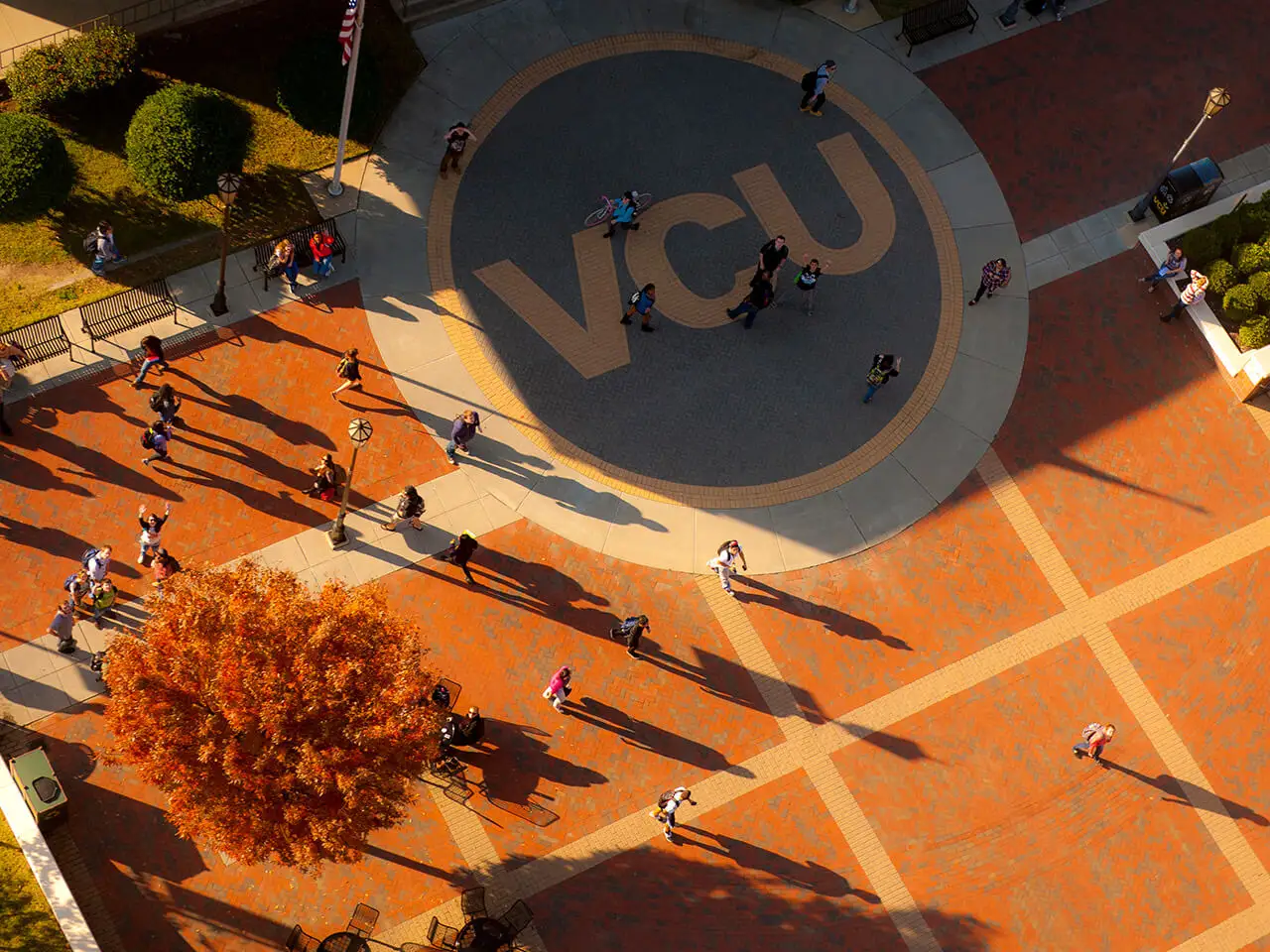 Aerial view of campus with VCU spelled in brick.