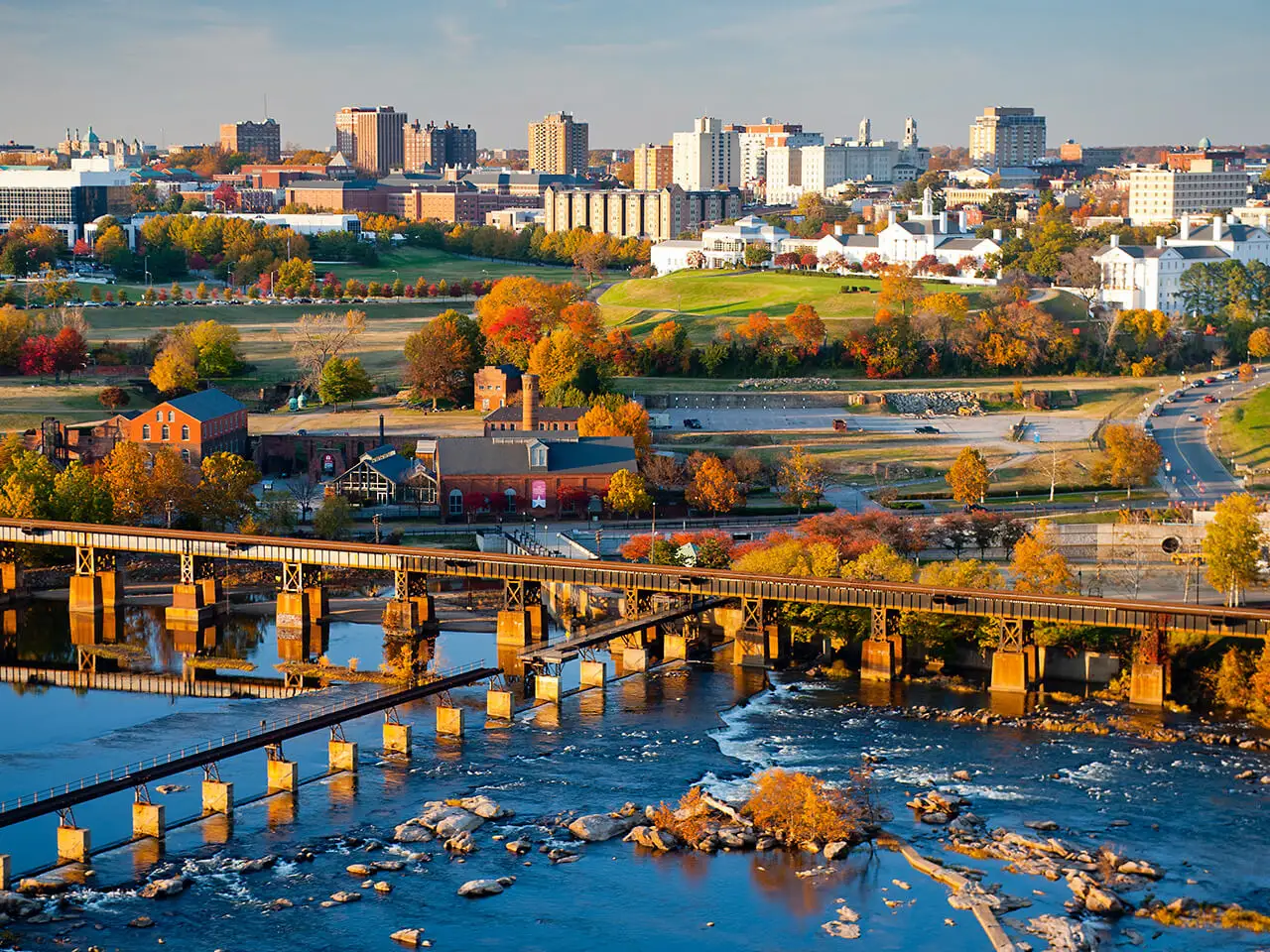 Aerial view of Richmond and the James River.