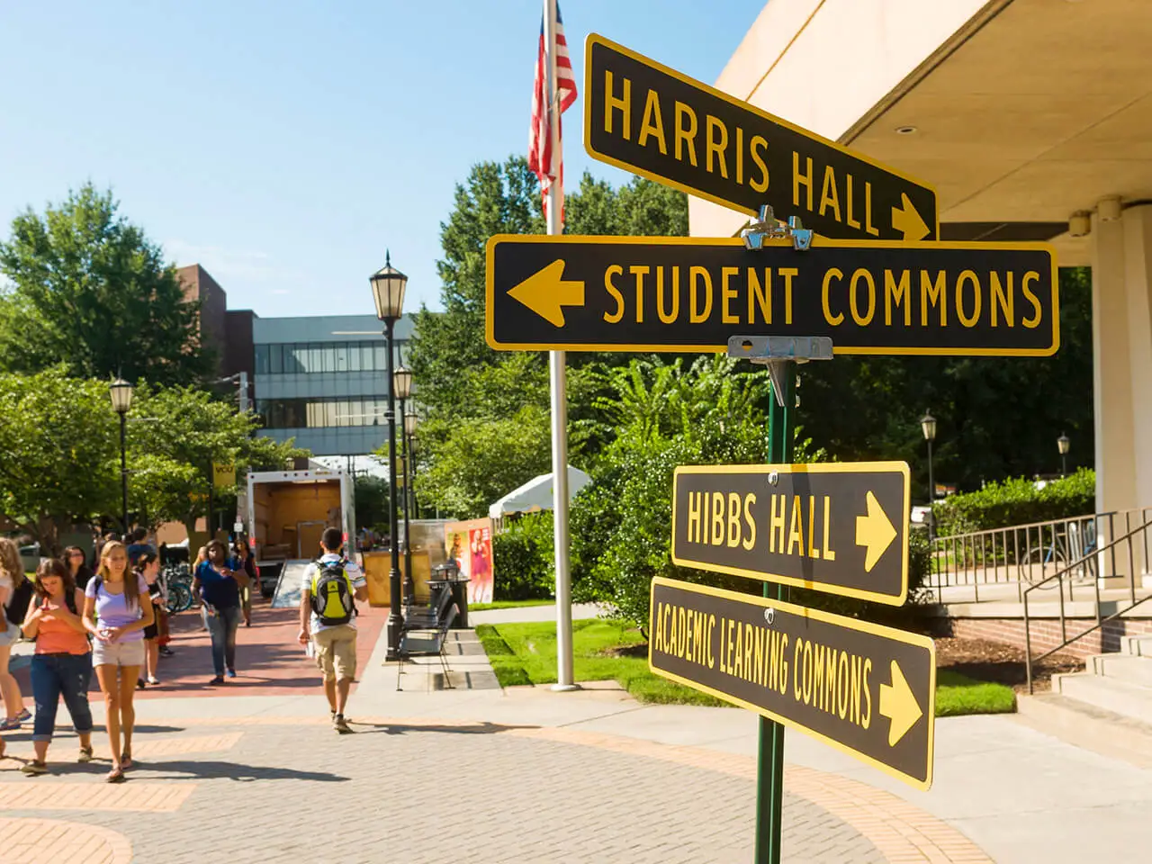 Direction signs pointing the way to various vcu buildings.