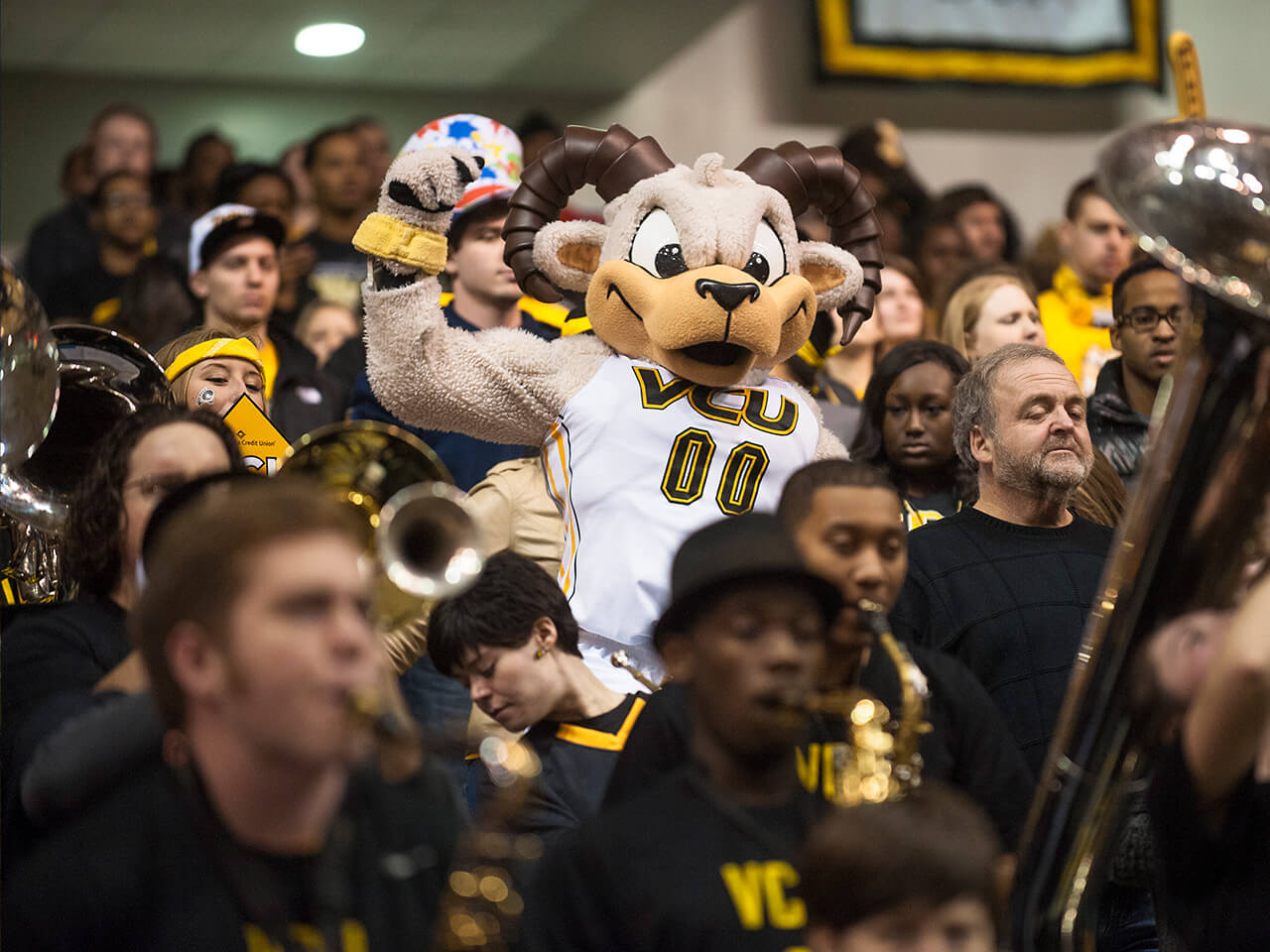 Mascot Rodney the Ram in a crowd at a sporting event
